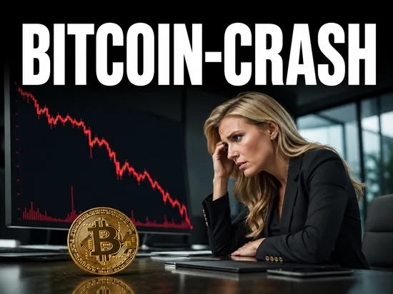 Besorgte blonde Geschaeftsfrau vor fallendem rotem Kurschart und goldener Bitcoin-Muenze, Symbolbild dramatischer Bitcoin-Kurssturz