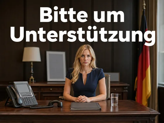 Frau sitzt an einem Schreibtisch im Regierungsbuero neben einem Telefon