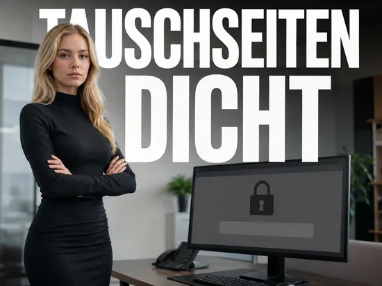 Blonde Frau vor Monitor mit gesperrter Downloadseite und Schloss-Symbol, Schriftzug Tauschseiten dicht