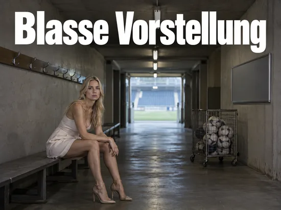 Frau im Kleid sitzt auf einer Bank im Kabinengang eines Stadions