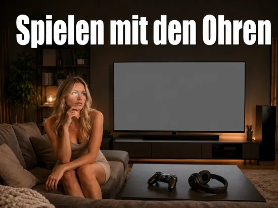 Blonde Frau auf dem Sofa im abgedunkelten Wohnzimmer, auf dem Couchtisch Spielecontroller und Kopfhörer, Fernseher mit leerem Bildschirm