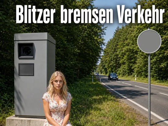 Blitzerkasten am Rand einer Bundesstraße durch ein Waldgebiet