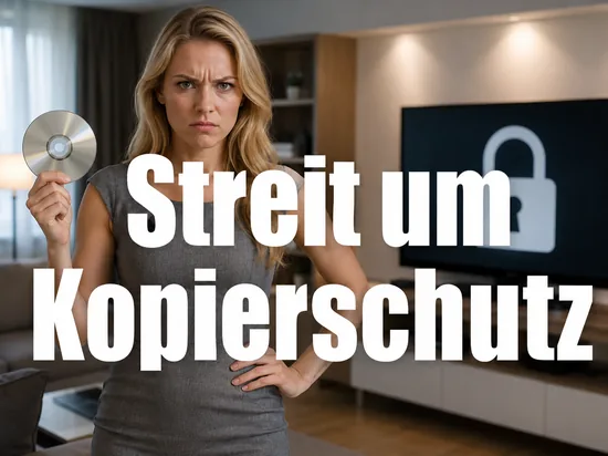 Geschaeftsfrau mit silberner Disc vor einem Fernseher mit Vorhaengeschloss-Symbol als Symbol fuer den Streit um den Kopierschutz der Blu-ray-Disc