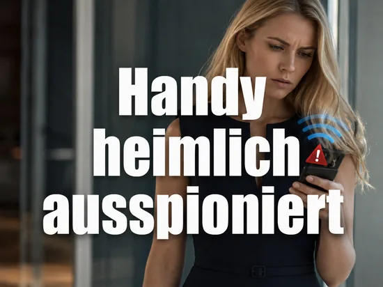 Besorgte Geschaeftsfrau mit Mobiltelefon, Funkwellen-Symbolen und rotem Warndreieck als Symbol fuer ein Programm das andere Handys per Bluetooth ausspioniert