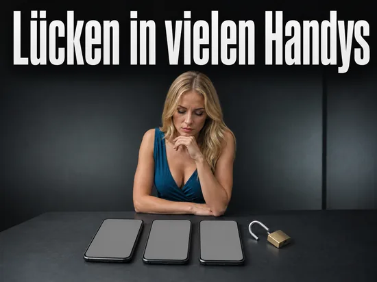 Frau am Tisch mit drei Smartphones und einem geöffneten Vorhängeschloss
