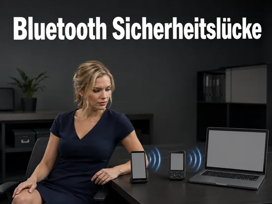 Frau am Schreibtisch neben Smartphone, Organizer und Laptop, die per Funk verbunden sind