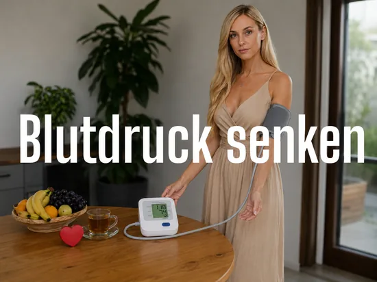 Blutdruckmessgeraet mit gutem niedrigem Wert, daneben Obst, Kraeutertee und Herz-Symbol, davor eine Frau mit Manschette am Arm