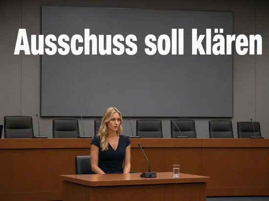 Frau am Zeugentisch in einem leeren Ausschusssaal