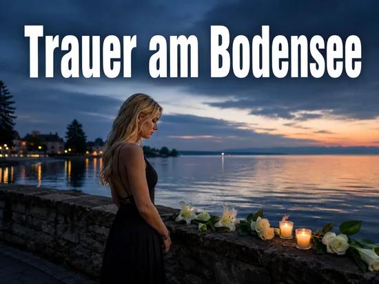 Frau an einem Gedenkort am Seeufer mit Blumen und Kerzen: Trauer nach dem Tod des Fluglotsen