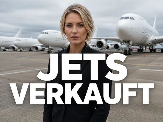 Geschäftsfrau auf einem Flughafen-Vorfeld vor mehreren großen Passagierflugzeugen, Symbolbild für den Verkauf von acht Airbus A340 durch Boeing