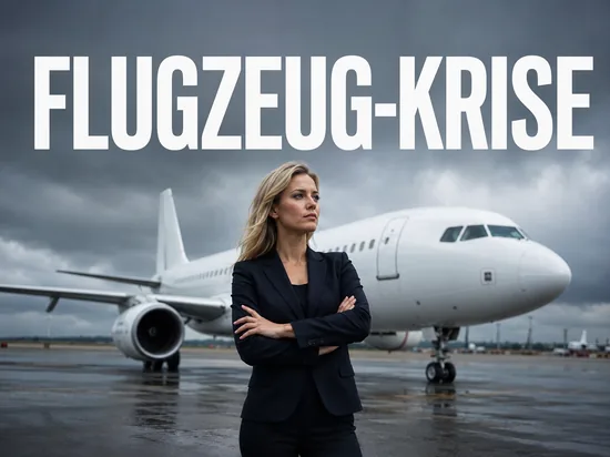 Ernste blonde Geschaeftsfrau vor generischem Passagierflugzeug unter grauem Himmel, Symbolbild Krise im Flugzeugbau Sicherheit gegen Profit