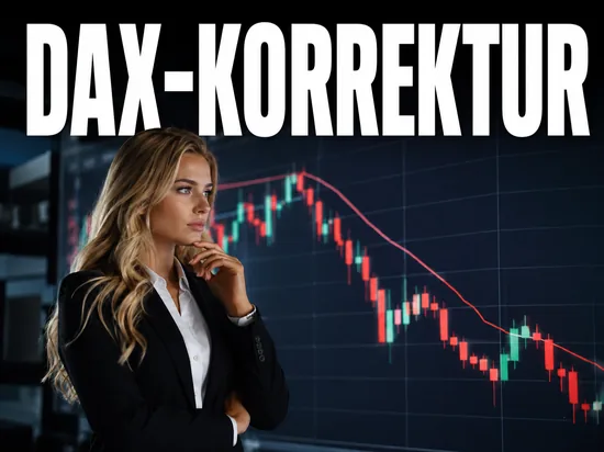 Nachdenkliche blonde Geschaeftsfrau vor schwankendem Aktienkurs, Symbolbild DAX-Korrektur