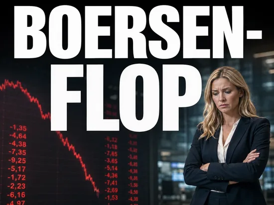 Börsengang floppt, enttäuschte Geschäftsfrau vor Börsentafel mit rotem Abwärtspfeil und roten Minus-Zahlen
