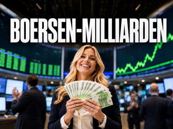 Börsengang macht Gründer zu Milliardären, gut gelaunte Geschäftsfrau mit Geldscheinen auf dem Börsenparkett vor steigendem Chart