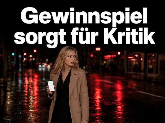 Frau im Mantel mit Smartphone auf naechtlicher Strasse, Schriftzug Gewinnspiel sorgt fuer Kritik