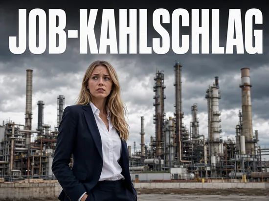 Besorgte blonde Frau vor einer Raffinerie, Symbolbild Stellenabbau