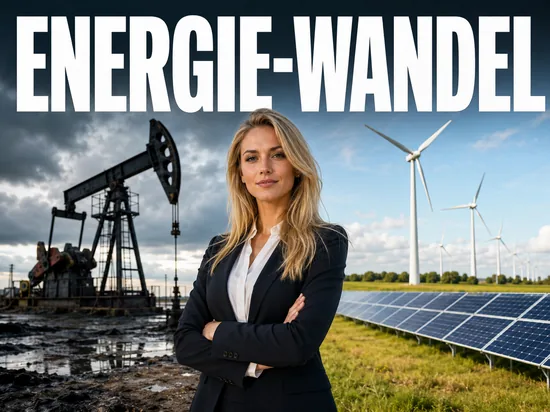 Blonde Geschaeftsfrau vor Oel- und Windkraftanlagen, Symbolbild Energie-Wandel