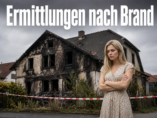 Frau vor einem ausgebrannten Wohnhaus mit Absperrband: Ermittlungen nach dem Brand