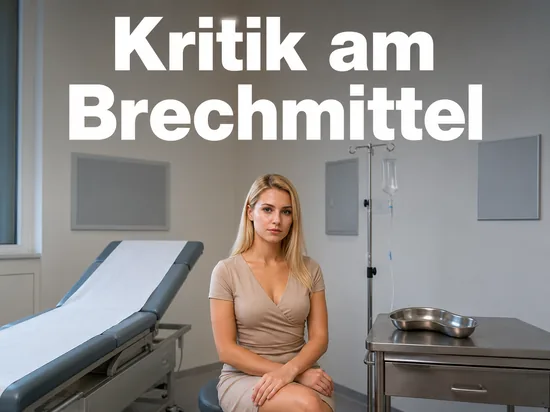Frau sitzt in einem medizinischen Untersuchungsraum neben einer leeren Liege