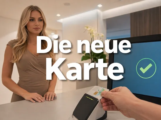 Elektronische Gesundheitskarte wird in ein Kartenlesegeraet gesteckt, daneben ein Monitor mit gruenem Haekchen, davor eine Frau