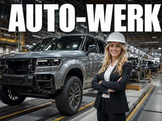 Selbstbewusste blonde Geschaeftsfrau mit Bauhelm in Automobilfabrik neben grossem SUV auf dem Fliessband, Symbolbild Zuschlag zum Bau eines neuen Gelaendewagens