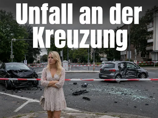 Abgesperrte Stadtkreuzung nach einem Unfall mit beschädigten Fahrzeugen