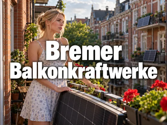 Blonde Frau im geblümten Sommerkleid auf einem Altbaubalkon mit Solarmodul am Geländer und roten Geranien, Schriftzug Bremer Balkonkraftwerke
