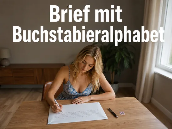 Frau am Tisch beschriftet einen Briefumschlag mit sehr langer Adresse: Schueler nahm die Polizeiauskunft woertlich