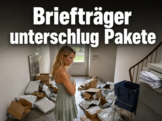 Frau in einem Hausflur voller geoeffneter Pakete: Brieftraeger unterschlug Sendungen und verkaufte den Inhalt
