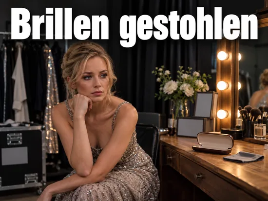 Frau sitzt in einer Garderobe vor einem Schminkspiegel, daneben ein leeres Brillenetui