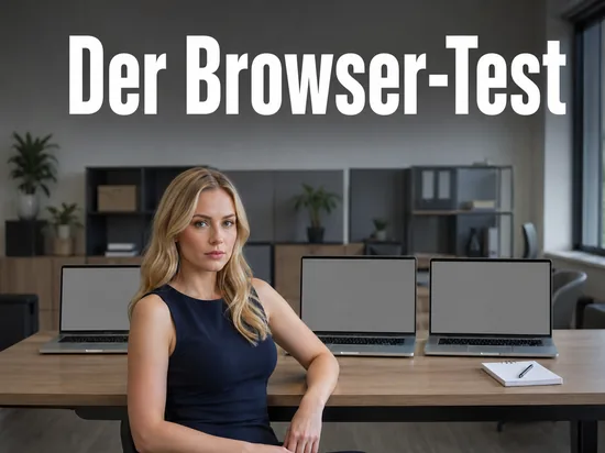 Frau vor drei aufgeklappten Notebooks im Büro, alle Bildschirme leer