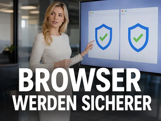 Geschaeftsfrau vor Monitor mit zwei Browser-Fenstern und blauen Schutzschild-Symbolen