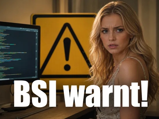 Frau neben einem gelben Warnschild und einem Code-Monitor