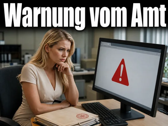 Besorgte Geschaeftsfrau vor einem Monitor mit rotem Warndreieck im Browserfenster als Symbol fuer die BSI-Warnung vor dem Internet Explorer