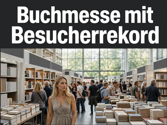Besucherin in einer vollen Messehalle mit Büchertischen