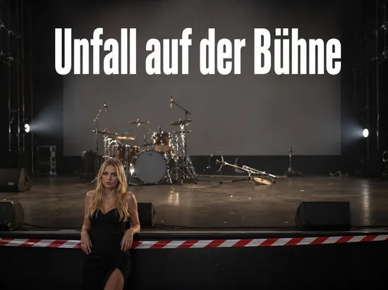 Verlassenes Schlagzeug auf einer Buehne mit Absperrband