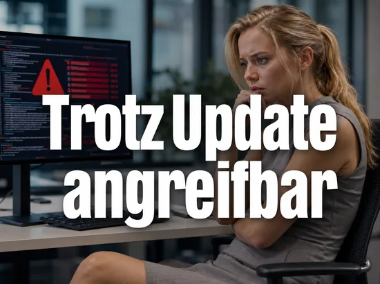 Besorgte Geschaeftsfrau vor einem Monitor mit ueberlaufenden Speicherbalken, Programmcode und rotem Warndreieck als Symbol fuer eine Angriffsmoeglichkeit trotz Service Pack