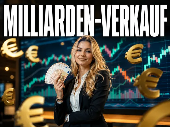 Blonde Geschaeftsfrau mit Euro-Geld vor Aktienkursen, Symbolbild Milliarden-Verkauf