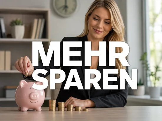 Zufriedene Geschäftsfrau wirft eine Münze in ein Sparschwein neben gestapelten Euro-Münzen, Symbolbild dafür dass die Bundesbürger mehr sparen