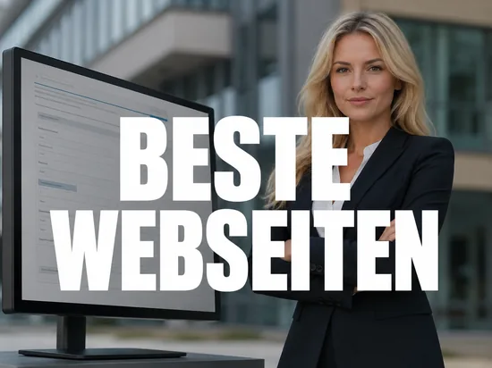 Blonde Geschaeftsfrau vor einem Monitor mit einer Behoerden-Webseite, Schriftzug Beste Webseiten