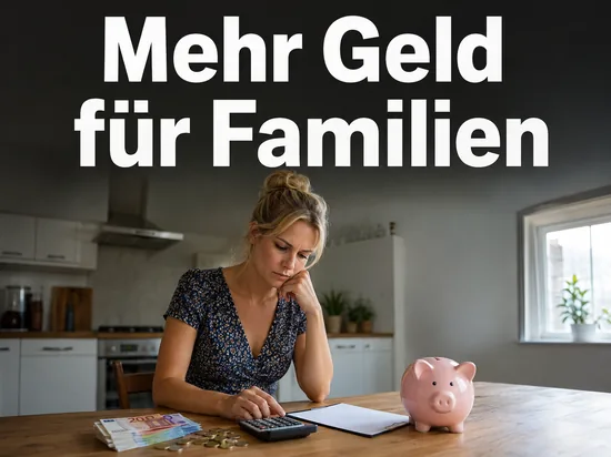 Frau am Kuechentisch mit Geldscheinen, Taschenrechner und Sparschwein, Schriftzug Mehr Geld fuer Familien
