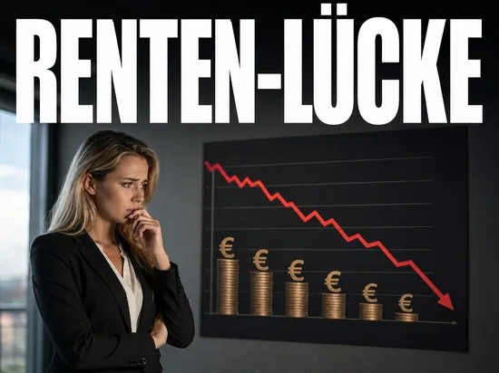 Besorgte blonde Geschaeftsfrau vor Renten-Finanzdiagramm, Symbolbild Renten-Luecke