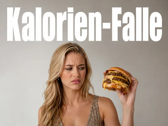 Junge blonde Frau betrachtet skeptisch einen grossen Fastfood-Burger als Symbol fuer die Kalorienfrage
