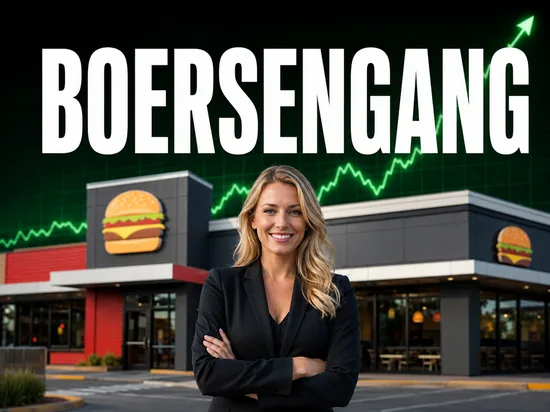 Selbstbewusste blonde Geschaeftsfrau vor generischem Fast-Food-Restaurant und steigendem gruenem Aktienkurs, Symbolbild geplanter Boersengang einer Fast-Food-Kette