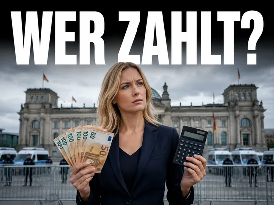 Streit über die Kosten des Bush-Besuchs, Geschäftsfrau mit Euro-Scheinen und Taschenrechner vor Regierungsgebäude mit Polizeiabsperrung