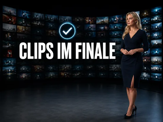 Blonde Geschäftsfrau vor einer großen Videowand mit vielen Filmvorschauen und einem Abstimmungs-Häkchen als Symbol für einen Online-Videowettbewerb