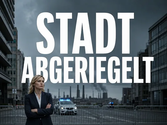 Staatsbesuch riegelt die Stadt ab, Geschäftsfrau vor Polizeiabsperrung, leeren Straßen und stillstehender Fabrik