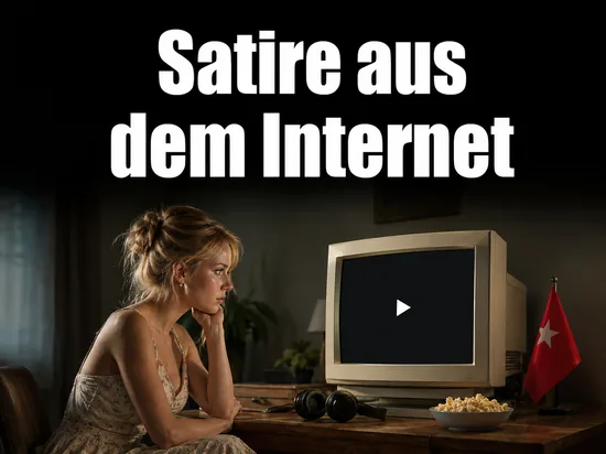 Frau vor einem Roehrenmonitor mit Videofenster und Popcorn, Schriftzug Satire aus dem Internet