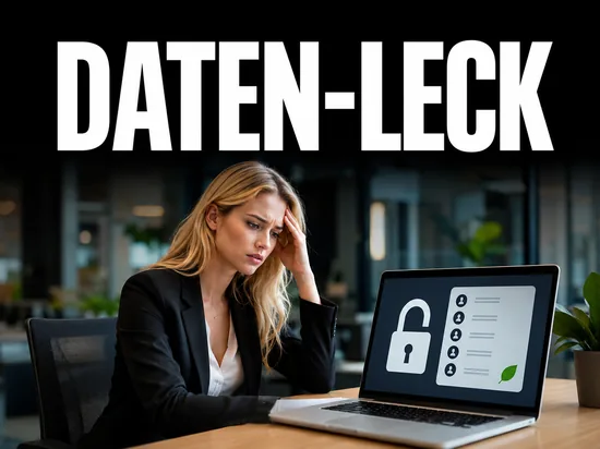 Blonde Geschaeftsfrau blickt besorgt auf Laptop mit offenem Schloss Mitgliederliste und gruenem Blatt, Schriftzug Daten-Leck