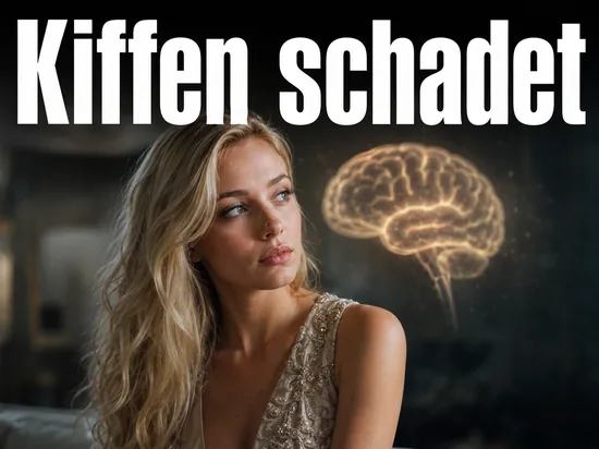 Junge blonde Frau blickt nachdenklich, im Hintergrund ein leuchtendes Gehirn als Symbol fuer die Wirkung von Cannabis auf das Gehirn